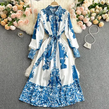 Croysier Obleke Za Ženske 2021 Elegantno Trgatev Modre In Bele Porcelanaste Tiskanja Midi Obleko Z Dolgimi Rokavi Obleka S Pasom