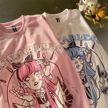 Cute Anime Risanke Harajuku Roza Kawaii Priložnostne Kratek Rokav T Srajce Svoboden Poletje Ženske Natisni T-shirt Y2k Oblačila za Najstnike