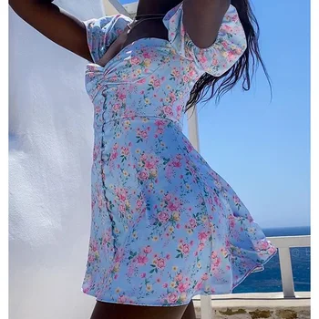 Cvjetnim Tiskanja Mini Obleka Ženske 2021 Poletne Počitnice Na Plaži Sundress Kratek Rokav Casual Sexy Off Ramenski Eleganten Stranka Obleko