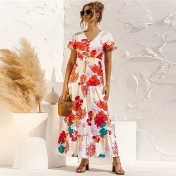 Cvjetnim Tiskanja Poletje Boho Maxi Ženske obleke 2021 Priložnostne Kratek Rokav Proti-vrat Gumb Pasu Dolg Plaža Obleko Vestidos