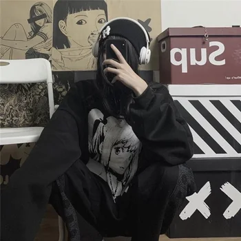 Deeptown Anime Tiskanja Hoodie Ženske Gotike Long Sleeve Majica Grunge Puloverju 2021 Temno Univerzami Vintage Stil Alt Oblačila Nova
