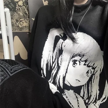Deeptown Anime Tiskanja Hoodie Ženske Gotike Long Sleeve Majica Grunge Puloverju 2021 Temno Univerzami Vintage Stil Alt Oblačila Nova