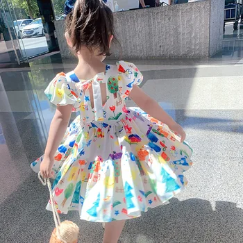 Dekleta Grafiti Obleko 2020 Poletje Novo Otrok Puff Dleeve Princesa Obleko Zaklad Dekleta Risanka otroška Oblačila