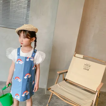 Denim Trak za Ujemanje Barv Mavrice Bombaž Srčkan Print Baby Dekle Suspender Obleko Otroci Obleke za Dekleta