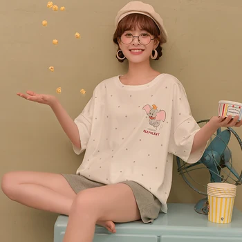 Disney Anime 2021 Poletje Bombažno Pižamo Žensk Kratek Sleeve Solid Hlače Polka Dot Tiskanja Srčkan Dumbo Doma Obleko Pajama Določa Ženska