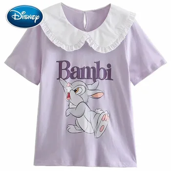 Disney T-Shirt Srčkan Bambi Thumper Zajec Risanka Tiskanja Peter pan Ovratnik, Kratkimi Rokavi Harajuku Ženske Bombaž Koreja Ženski Tee Vrhovi