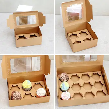 DIY 10Pcs Kraft papir, Kraft Papir Cupcake Pakiranje Škatla z Okna Kartonske Torto Muffin Piškotki bonboniera Poročno zabavo, Rojstni dan 4 Velikosti