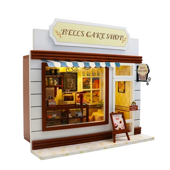 DIY Lesene slaščičarna Lutka Hiša Kit Miniaturne Zgradbe s Pohištvom Svetlobe Lutke Roombox Sestavljeni Igrače za Otroke Darila