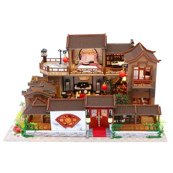 DIY Miniaturni Lutke Kit Letnik 3D Model Zgradbe Japonski Suši Restavraciji Darilo za Rojstni dan Lesene Velika Lutka Hiša Pohištvo