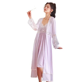 Dolg rokav Nightgown bo ustrezala žensk nightdress Princess palace Dva Kosa sleepwear ženske set