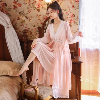 Dolg rokav Nightgown bo ustrezala žensk nightdress Princess palace Dva Kosa sleepwear ženske set