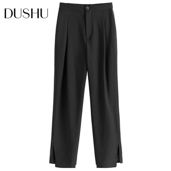 DUSHU Split priložnostne ulične črno obleko hlače Ženske visoko pasu urad elegantno naravnost hlače Plus velikost naguban hlače capri
