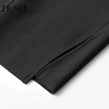 DUSHU Split priložnostne ulične črno obleko hlače Ženske visoko pasu urad elegantno naravnost hlače Plus velikost naguban hlače capri