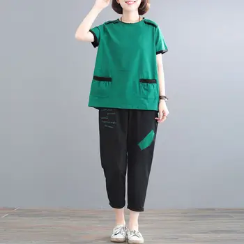 Dva Kosa Določa Trenirke Ženske 2021 Poletne Obleke, Casual T-shirt Kratek Rokav Vrhu in Hlače, Obleke Zelene Ženska Obleke X138