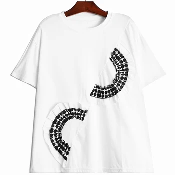 [EAM] Žensk Črno Piko Natisnjeni Ruffles Priložnostne T-shirt Nov Krog Vratu Kratek Rokav Moda Plima Pomlad Poletje 2021 1DE1039