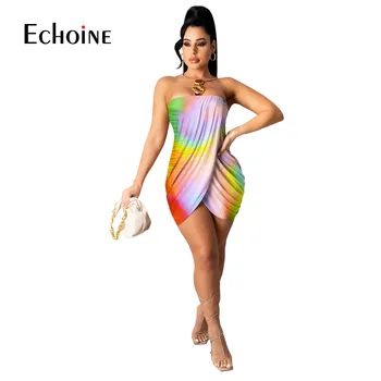 Echoine 2021 Tie-Dye Tiskanja Povoj Brez Naramnic Brez Rokavov Mini Obleka Ženske Visoko Pasu Poletne Počitnice Na Plaži, Mini Obleke Vestidos
