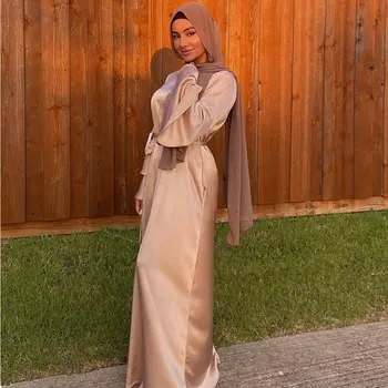 Eid Moda Mehko Satenasto Obleko Dubaj Abaya Ženske Poletje Dolgo Flare Rokav Obleke, Oblačila Hidžab, Muslimani Islam Turčija Oblačila Bronasto