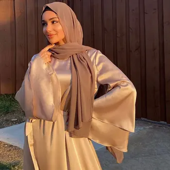 Eid Moda Mehko Satenasto Obleko Dubaj Abaya Ženske Poletje Dolgo Flare Rokav Obleke, Oblačila Hidžab, Muslimani Islam Turčija Oblačila Bronasto