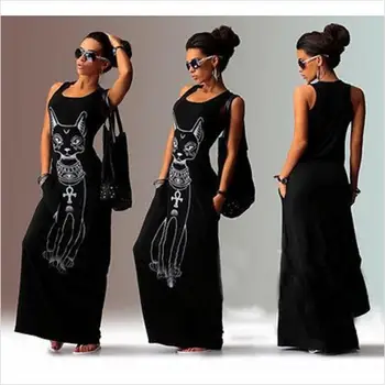 Elegantne Večerne Stranke Obleke Tunika Vestidos Largos Plus Velikost Ženske Dolgo Obleko Maxi Moda Mačka Tiskanja Bodycon Obleko