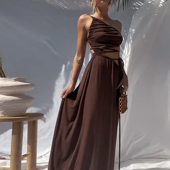 Ena Ramenski Rjava Eleganten Čipke Maxi Obleke, Ženske Seksi Izrežemo Backless Priložnostne Stranka Plaži Dolgo Obleko 2021 Poletne Počitnice