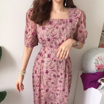 Enega Kosa korejski Moda Kvadratnih Vratu Cvetlični Šifon Obleko Midi Obleko 2021 Poletje Ženske Obleke Stranka Obleko Priložnostne Obleko Ženski