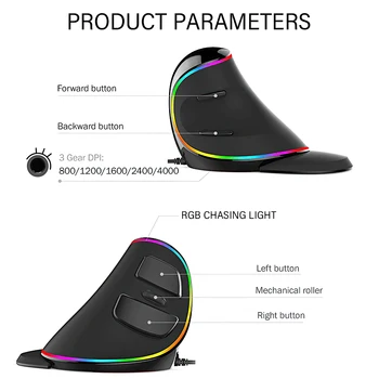 Ergonomska Navpično Žično Miško RGB Optični Kože 5 Gumbi za Udobno Igranje Miši z Nastavljiv DPI za Računalnik/Prenosnik