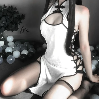 Erotično Anime Cosplay Kostum Črna in Bela Obleka Ženske Čipke Obleko Fancy Slim Fit Odpri Prsni Enotno Seksi Cheongsam