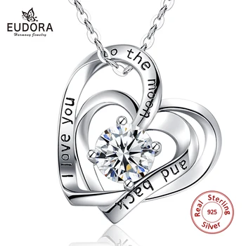 Eudora 925 Trdna sterling srebro jasno, Kristalno srce za srce Ogrlico, ki sem ljubezen, si luno in nazaj Nakit za ženske D597