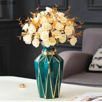 Evropski Temno Zelena Keramične Vaze Galvanizacijo Zlati Dnevna Soba Verandi Cvetlični Aranžma Obrti Cvet Vazo Doma Dekoracijo