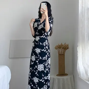 Francoski Stil Črni Cvet Šifon Maxi Zaviti Ženske Obleke Poletje Pomlad Kratek Rokav Proti-Vrat En Kos Čaj Obleko 2021