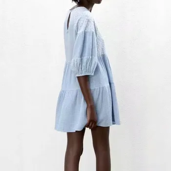 Garaouy Za Ženske Vezenje Obleko 2021 Modra Ruched Priložnostne Obleke za Ženske Letnik Naguban Plaži, Mini Dame Stranka Poletje Obleko