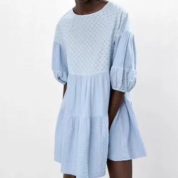Garaouy Za Ženske Vezenje Obleko 2021 Modra Ruched Priložnostne Obleke za Ženske Letnik Naguban Plaži, Mini Dame Stranka Poletje Obleko