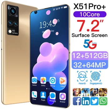 Globalna Različica X51Pro+ 7.2 Palčni Pametni 10 Jedro 6800Mah 12+512GB 32+64MP Podporo Face Unlock je Dual SIM, 5G Omrežje Mobilni Telefon