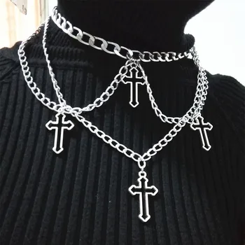 Goth Pretirana Punk Votlih Verige Križ Osebnost Obesek Kovinski Večplastne Ogrlice Za Ženske, Nakit Dodatki