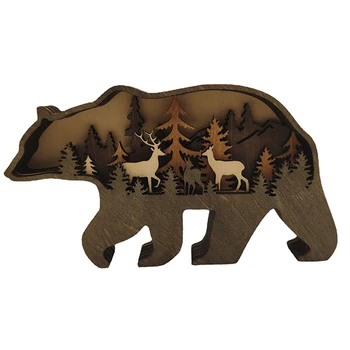 Gozdne Živali Lesene Doma Ornament North American Večplastne Gozd Medved/Elk Silhueto Dekor za Polici Tabela MOWA889