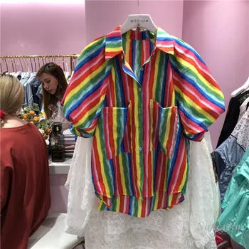 Harajuku Loose Blouses Womans 2021 Summer New Printed Colorful Striped Loose Puff Sleeves Shirts Female Lady Fashion Tops Blusa