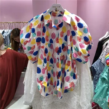 Harajuku Loose Blouses Womans 2021 Summer New Printed Colorful Striped Loose Puff Sleeves Shirts Female Lady Fashion Tops Blusa