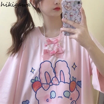 Hikigawa Majice za Ženske Japonska Kawaii Sladko Vrhovi Zajec Risanka Tiskanja Tshirts Kratek Rokav Srčkan Bowknot Svoboden Modni T-shirt