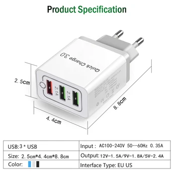 Hitro, 3 USB Polnilec za Hitro Polnjenje 3.0 Hitro USB Polnilnik Prenosni Mobilni Polnilnik QC 3.0 Adapter za Xiaomi iPhone X EU in ZDA Plug