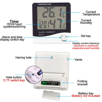 HTC-1 Notranji Prostor LCD Digitalni Elektronski Termometer, Higrometer za Merjenje Temperature in Vlažnosti Meter Budilka Vremenske Postaje