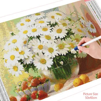 HUACAN Celoten Kvadratni/Krog Sveder Diamantni Slikarstvo Cvetje White Daisy Vezenje Navzkrižno Šiv Doma Wall Art Dekor