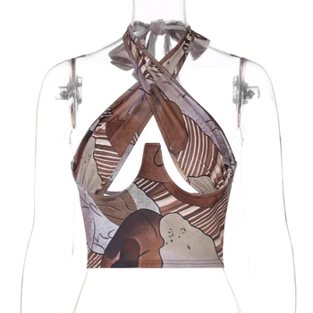 Hugcitar 2021 brez Rokavov Povodcem Mozaik Tiskanja Backless Seksi Obreži Zgoraj Poletje Ženske Modni Ulične Opreme Y2K Camis