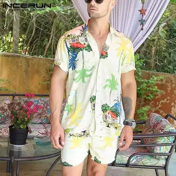 INCERUN Natisnjeni Moških Hawaiian Določa Ulične Majica Kratek Rokav Plaža Hlače 2 Kosa Dihanje 2021 Poletje Priložnostne Moške Obleke