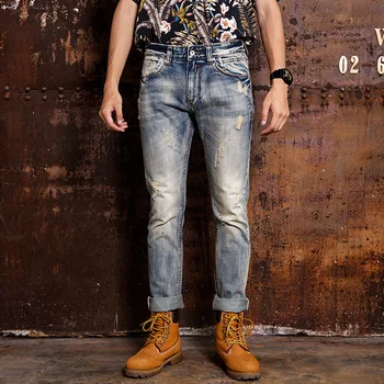 Italijanski Modni Stil Moške Jeans Visoke Kakovosti Retro Modro Rumeno Slim Fit Ripped Kavbojke Moški Letnik Oblikovalec Klasične Traper Hlače
