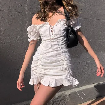 Jacquardske Ruffle rob retro tesno obleko žensk poletje gub elegantno belo kratkimi rokavi ženske noše Beach Party 2021