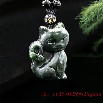 Jade Mačka, Ogrlico, Obesek, Moda Kitajski Darila Amulet Čar Vklesan Nakit Naravno Zeleno-Črna