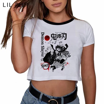 Japonski Anime Kimetsu Ne Yaiba Demon Slayer crop zgornji deli oblacil Ženske Harajuku Ullzang Modni T-shirt Letnik Estetske Grunge Tshirt