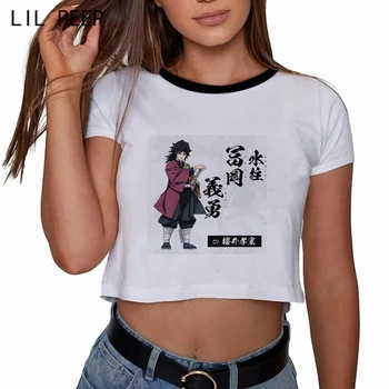 Japonski Anime Kimetsu Ne Yaiba Demon Slayer crop zgornji deli oblacil Ženske Harajuku Ullzang Modni T-shirt Letnik Estetske Grunge Tshirt