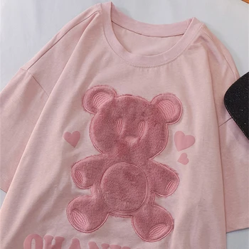 Japonski Girls Srčkan Nosi Nekaj Roza Kratek Rokav T-shirt O-vratu Priložnostne Vrh 2021Spring Poletje Oversize Ohlapne Majice za Ženske