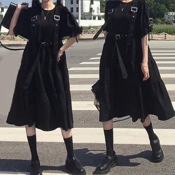 Japonski Kawaii black MIDI krilo gothic obleko retro Ruffle rokav zanko povoj krilo svoboden Cosplay obleko Harajuku stil oblačenja